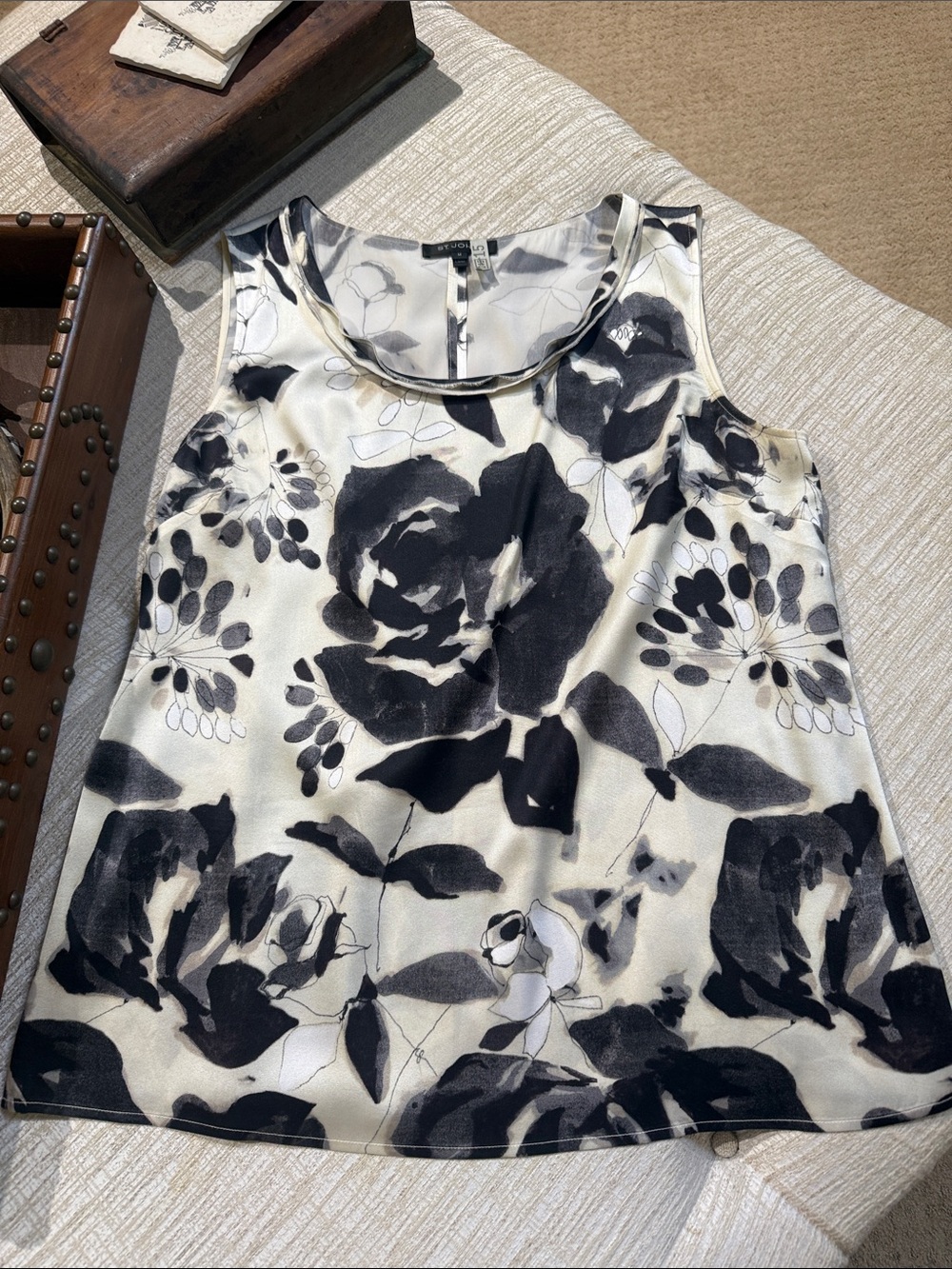 St. John Black & Cream Floral Silk Tank